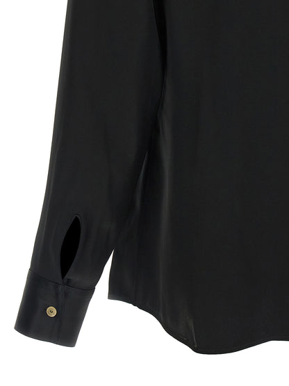 Blouse by Khaite for women in viscose satin black showcases a sleek silhouette, elegantly detailed with a sleek and for a sleek finish.