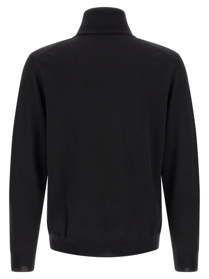 Cardigan by ZANONE for men in virgin wool black presents a textural silhouette, artfully finished with a textural turtle high-neck neckline and for a sophisticated, textural look.