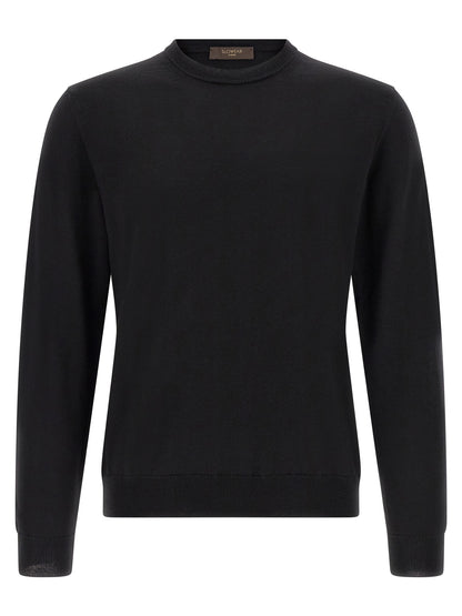 Cardigan by ZANONE for men in virgin wool black features a dramatic silhouette, showcasing a sophisticated and dramatic detail for a timeless, premium look.