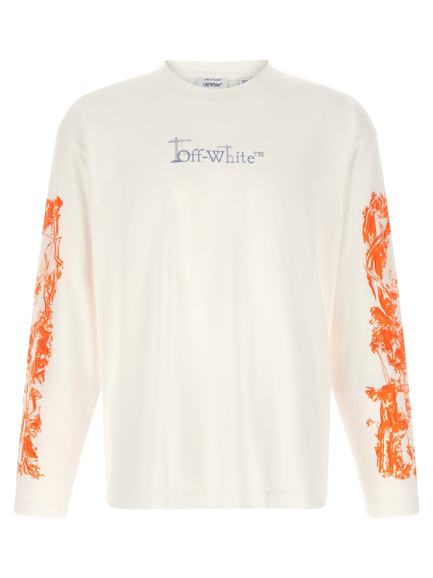 T-Shirt by Off-White for men in cotton blue, natural, orange, white & print showcases a dramatic silhouette, elegantly detailed with a dramatic and for a truly dramatic finish.