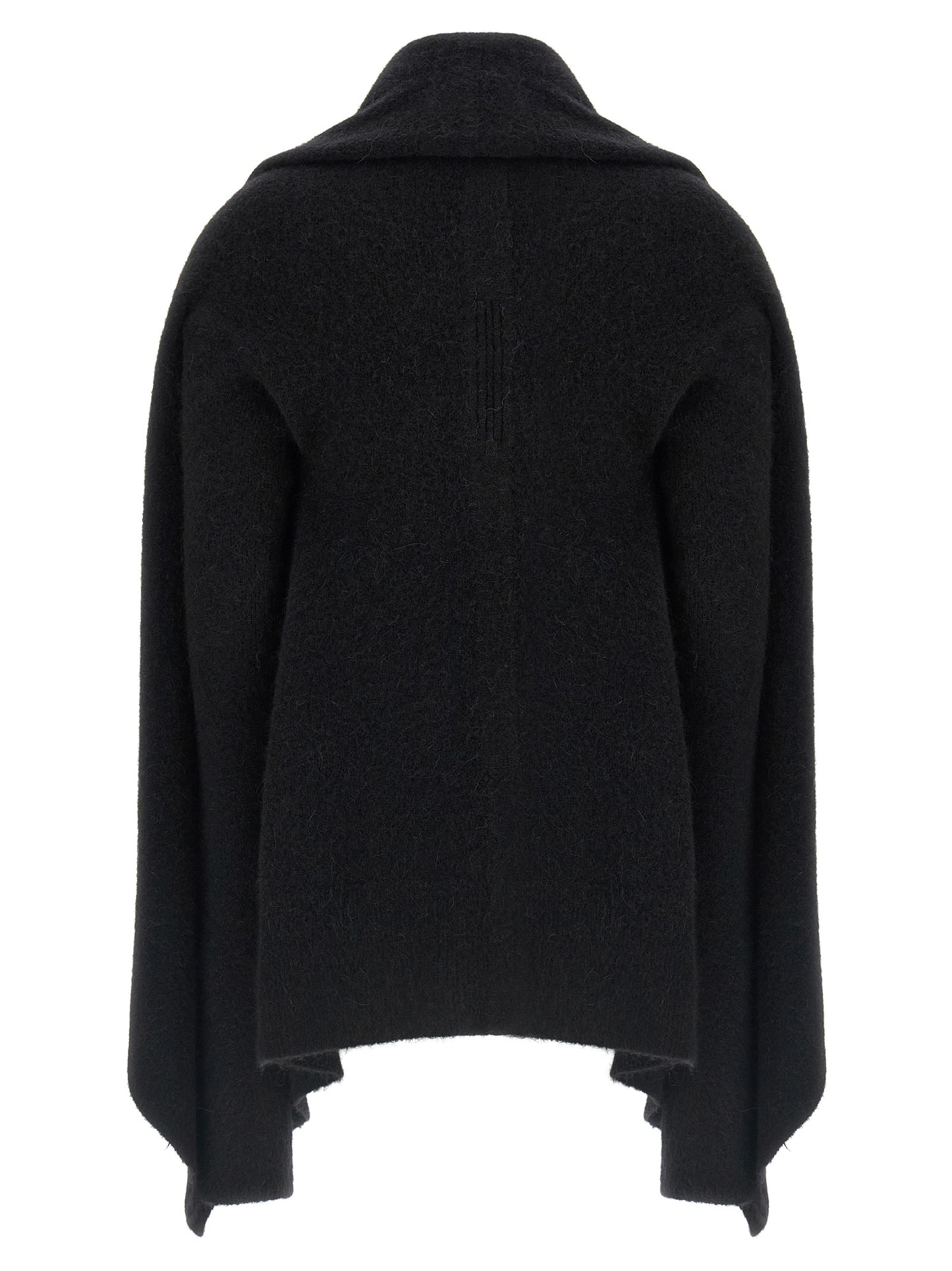 Hooded Cardigan by Rick Owens for women in nylon alpaca wool & marabou black features a dramatic silhouette, showcasing a sophisticated wrap hooded shawl-collar neckline and dramatic detail for a timeless, premium look.