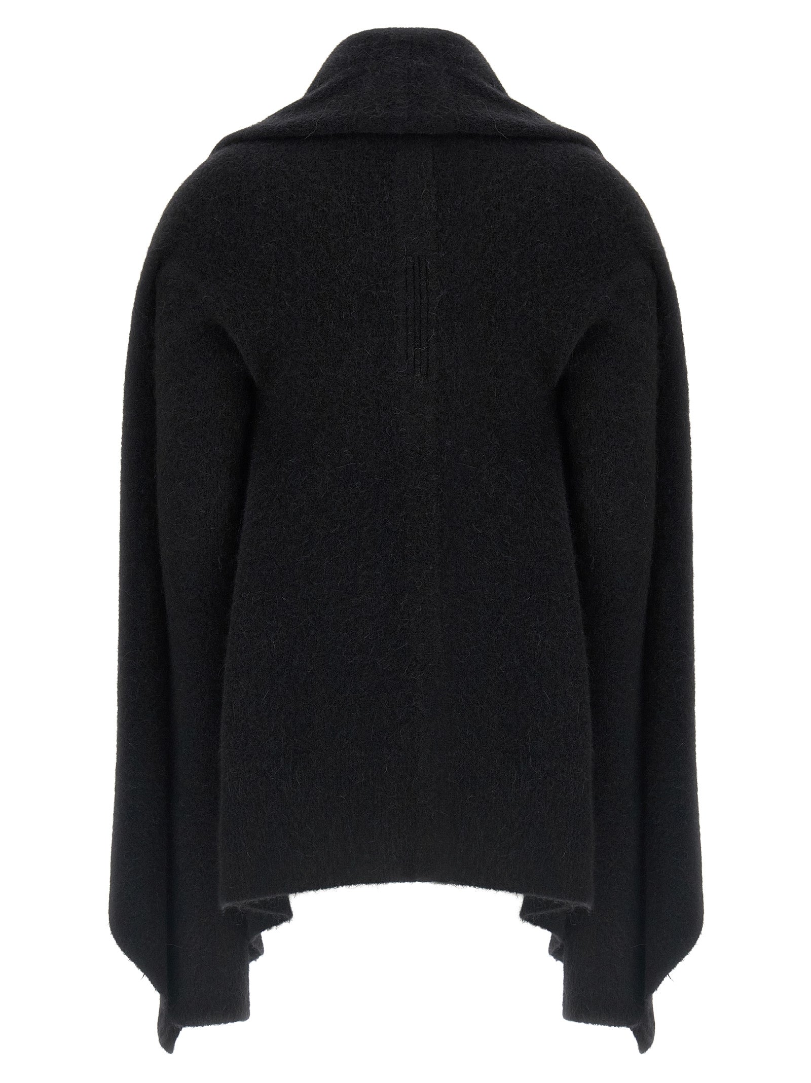 Hooded Cardigan by Rick Owens for women in nylon alpaca wool & marabou black features a dramatic silhouette, showcasing a sophisticated wrap hooded shawl-collar neckline and dramatic detail for a timeless, premium look.