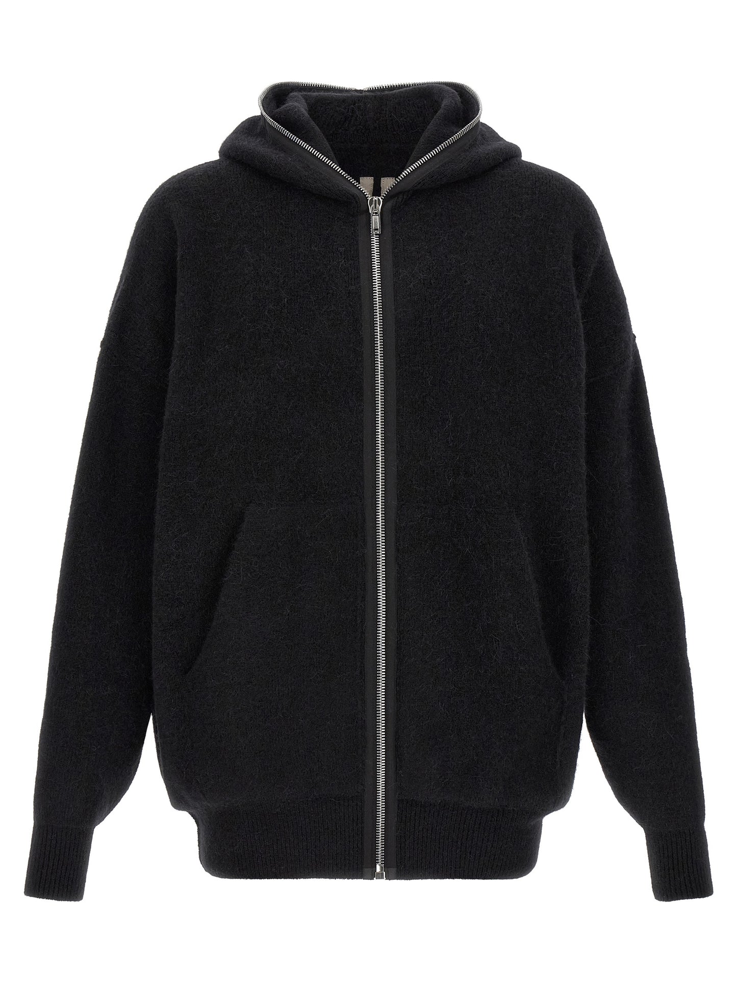Sweatshirt Hoodie by Rick Owens for men in nylon alpaca wool & marabou black & silver features a slouchy chic silhouette, detailed with a slouchy chic and a signature hooded neckline for an elevated aesthetic.
