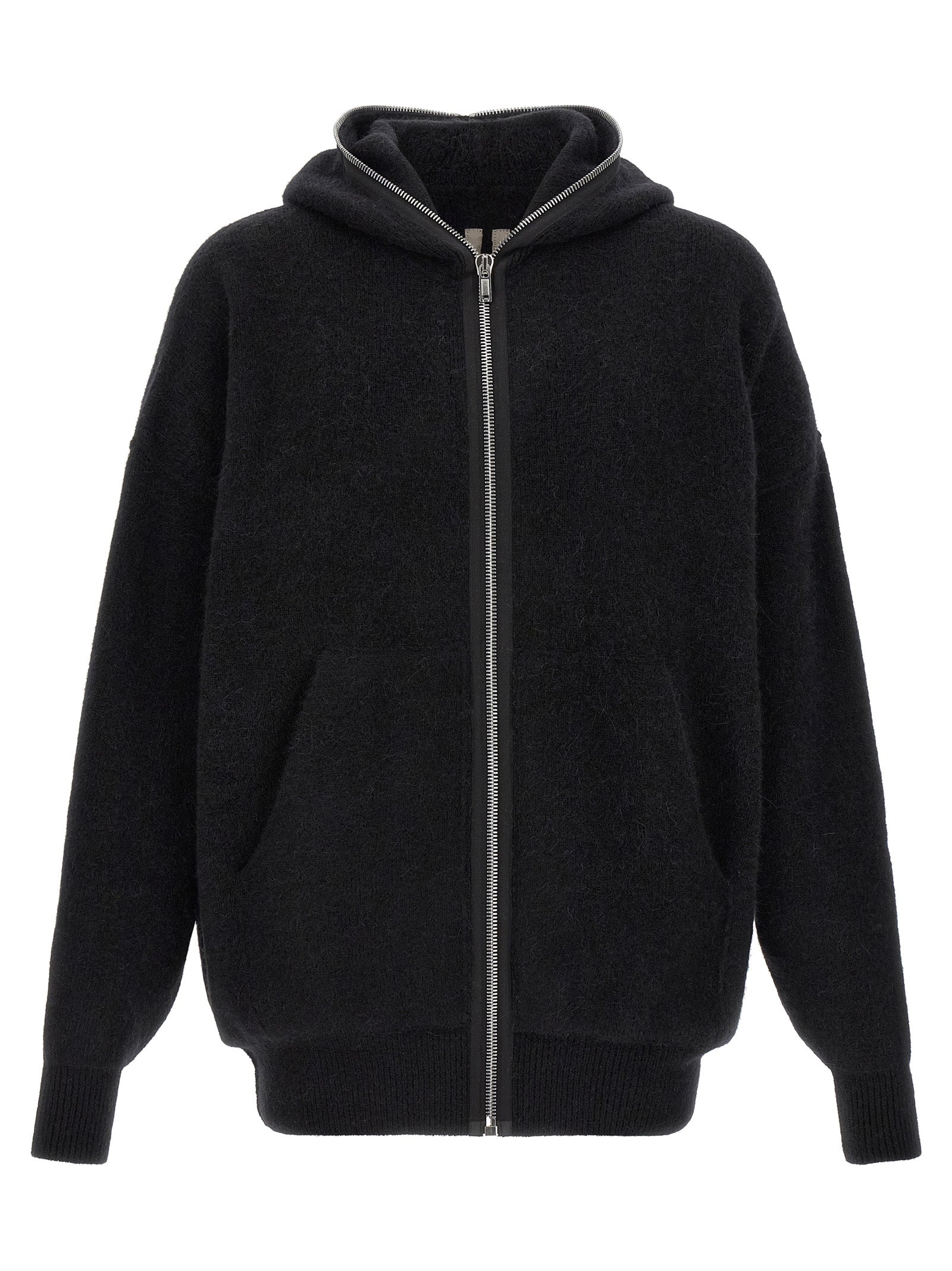 Sweatshirt Hoodie by Rick Owens for men in nylon alpaca wool & marabou black & silver features a slouchy chic silhouette, detailed with a slouchy chic and a signature hooded neckline for an elevated aesthetic.