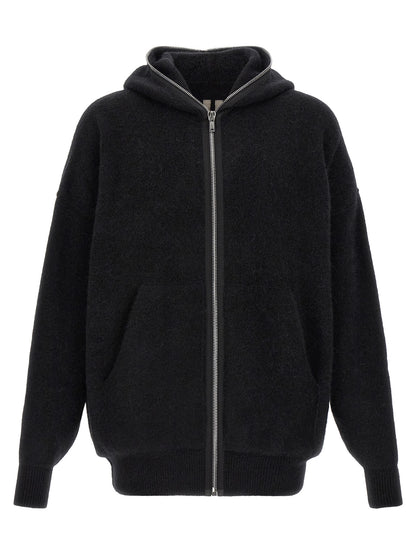 Sweatshirt Hoodie by Rick Owens for men in nylon alpaca wool & marabou black & silver features a slouchy chic silhouette, detailed with a slouchy chic and a signature hooded neckline for an elevated aesthetic.