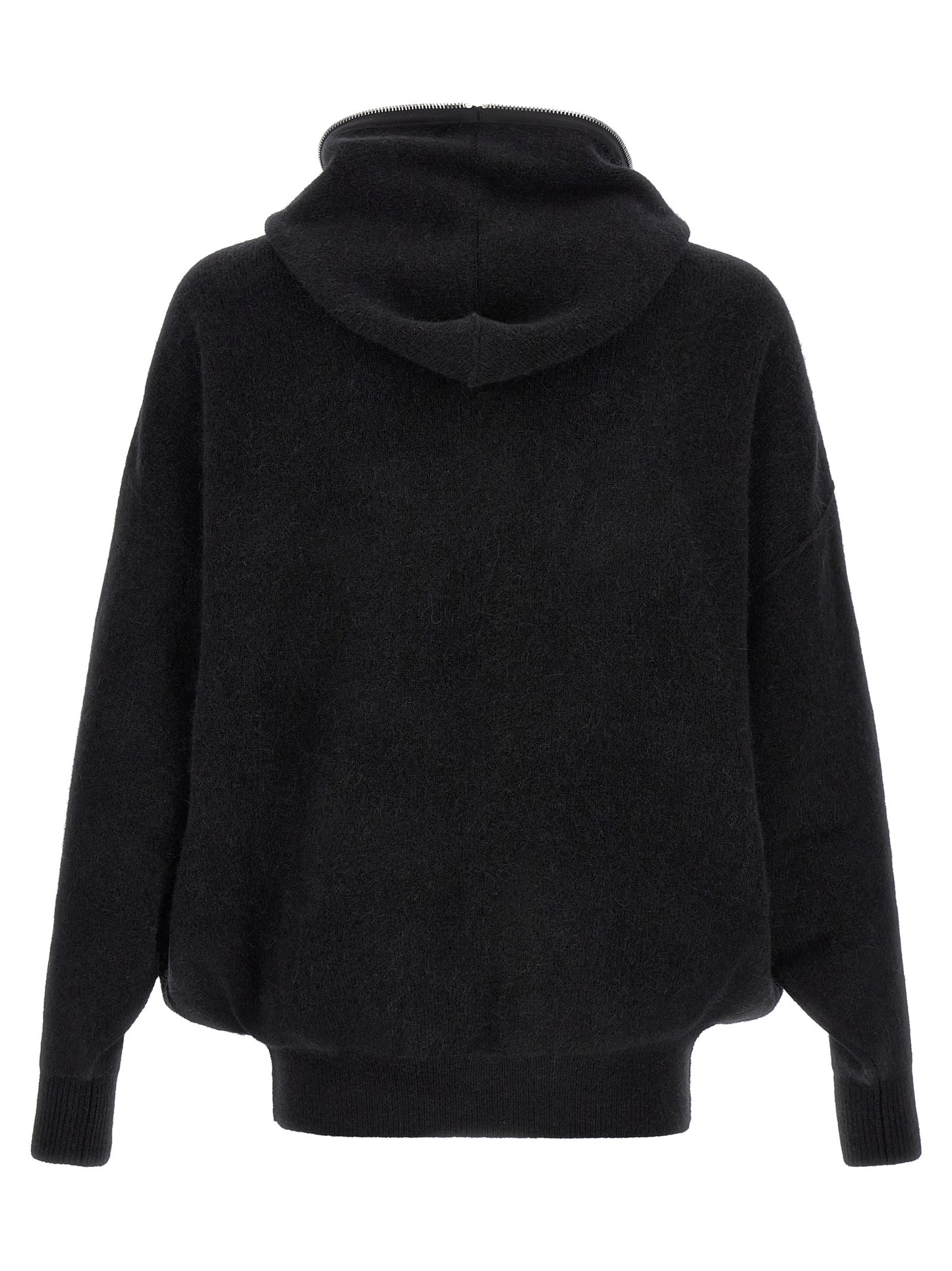 Sweatshirt Hoodie by Rick Owens for men in nylon alpaca wool & marabou black & silver features an dramatic silhouette, showcasing a sophisticated hooded neckline and dramatic for a refined, modern aesthetic.