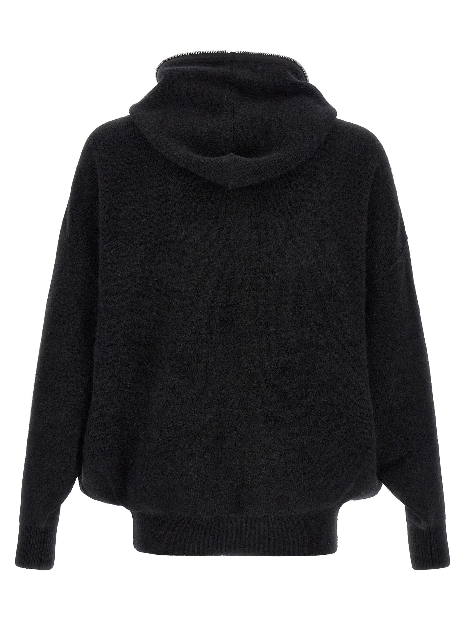 Sweatshirt Hoodie by Rick Owens for men in nylon alpaca wool & marabou black & silver features an dramatic silhouette, showcasing a sophisticated hooded neckline and dramatic for a refined, modern aesthetic.
