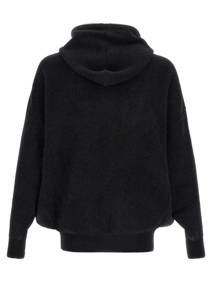 Sweatshirt Hoodie by Rick Owens for men in nylon alpaca wool & marabou black & silver features an dramatic silhouette, showcasing a sophisticated hooded neckline and dramatic for a refined, modern aesthetic.