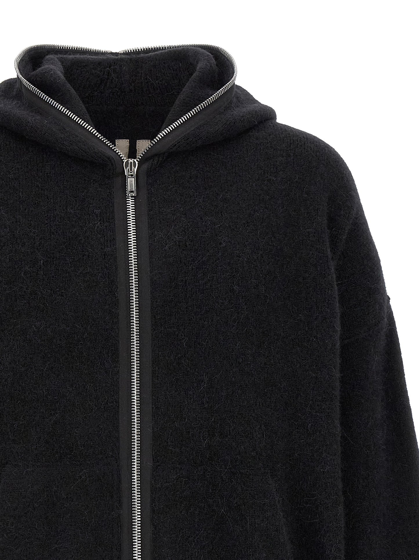 Sweatshirt Hoodie by Rick Owens for men in nylon alpaca wool & marabou black & silver showcases a city-ready silhouette, artfully detailed with a signature hooded neckline and for a city-ready finish.
