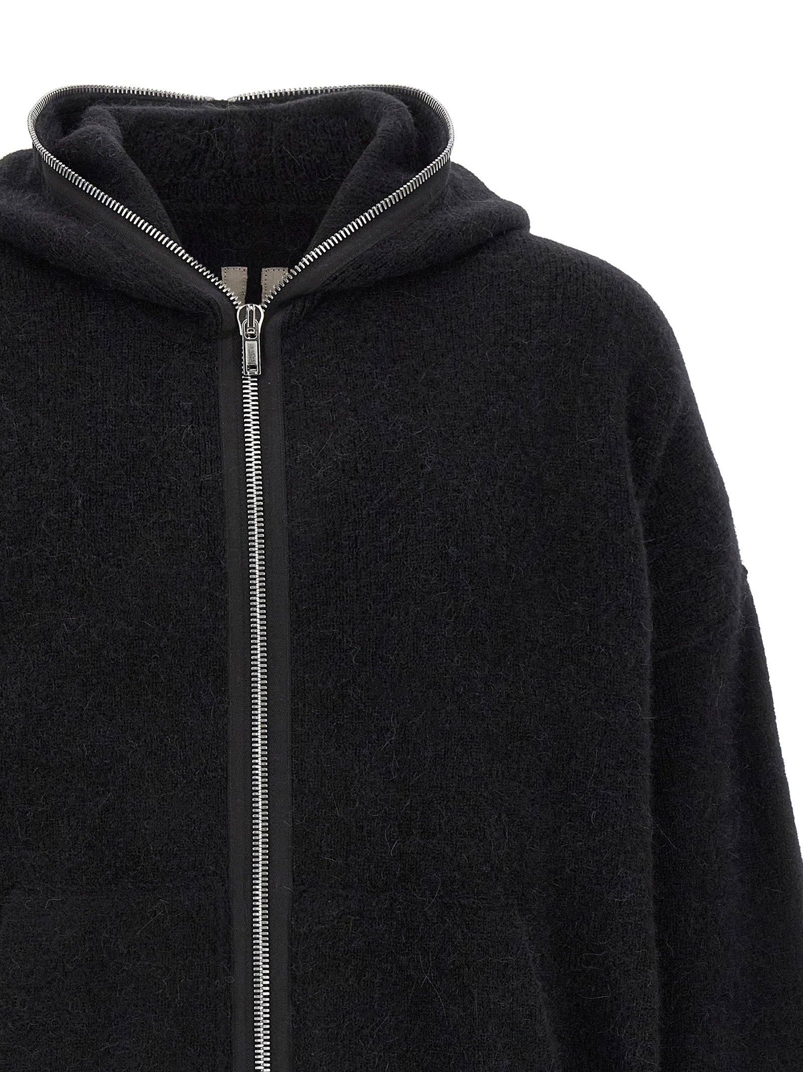 Sweatshirt Hoodie by Rick Owens for men in nylon alpaca wool & marabou black & silver showcases a city-ready silhouette, artfully detailed with a signature hooded neckline and for a city-ready finish.