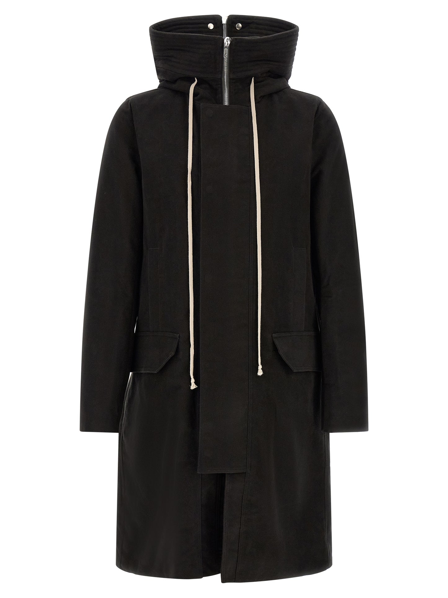 This Hooded Parka by Rick Owens for men in cotton black presents a enveloping silhouette, meticulously detailed with pockets & hooded and a enveloping hooded neckline.