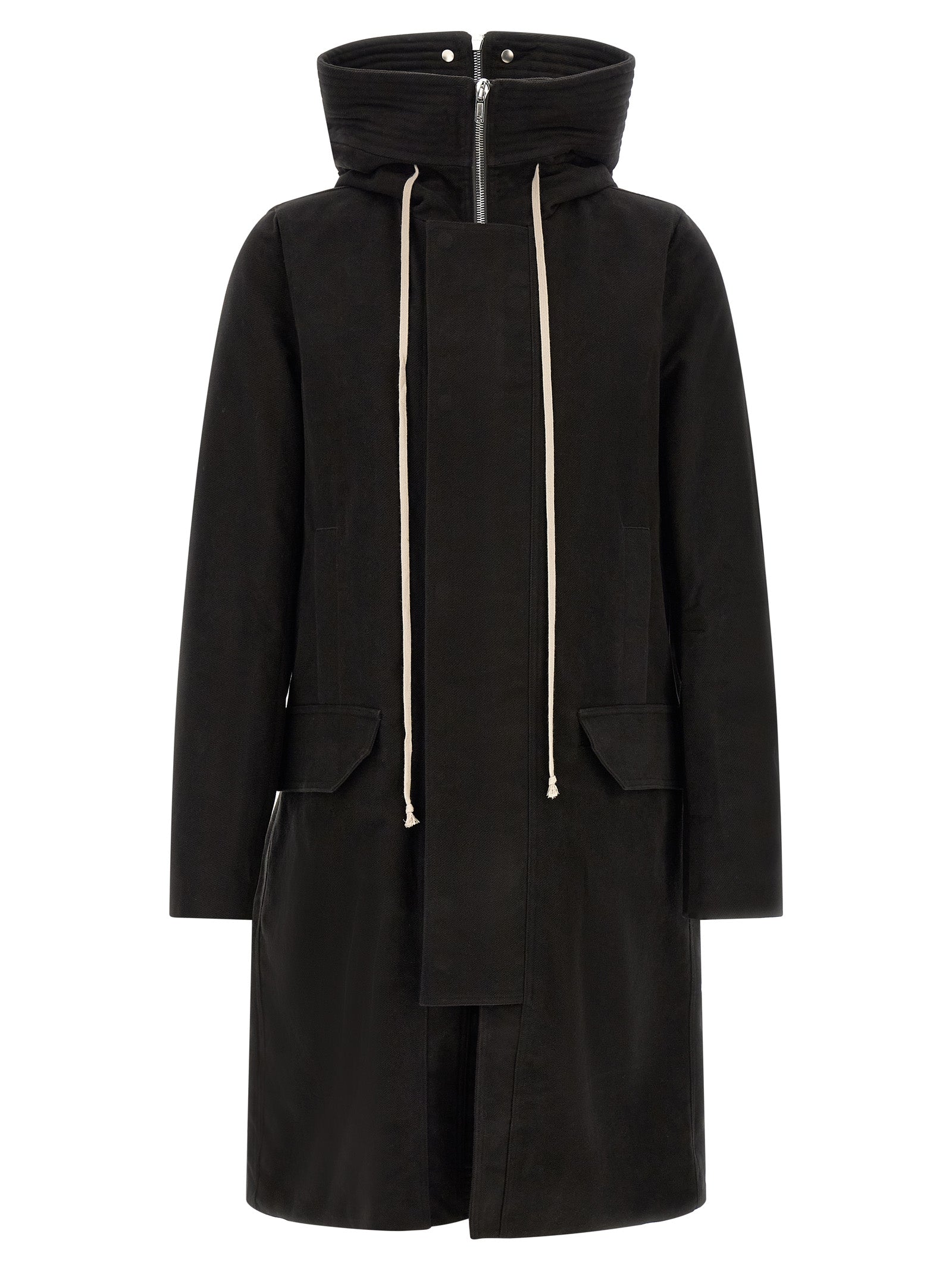This Hooded Parka by Rick Owens for men in cotton black presents a enveloping silhouette, meticulously detailed with pockets & hooded and a enveloping hooded neckline.
