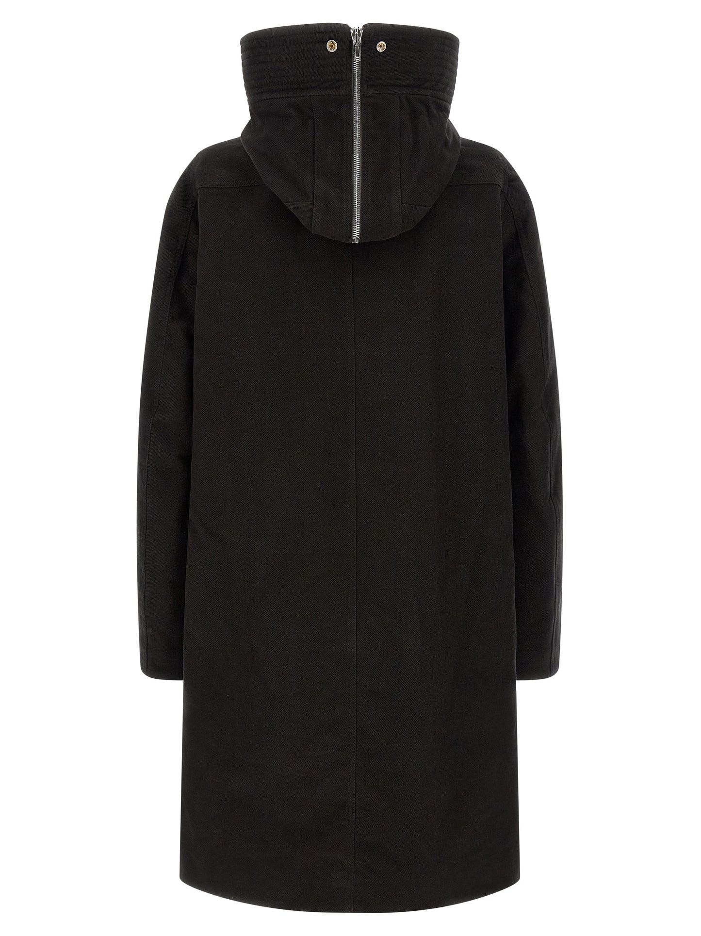 Hooded Parka by Rick Owens for men in cotton black features an avant garde silhouette, showcasing refined pockets & hooded and a sophisticated hooded neckline for a polished look.