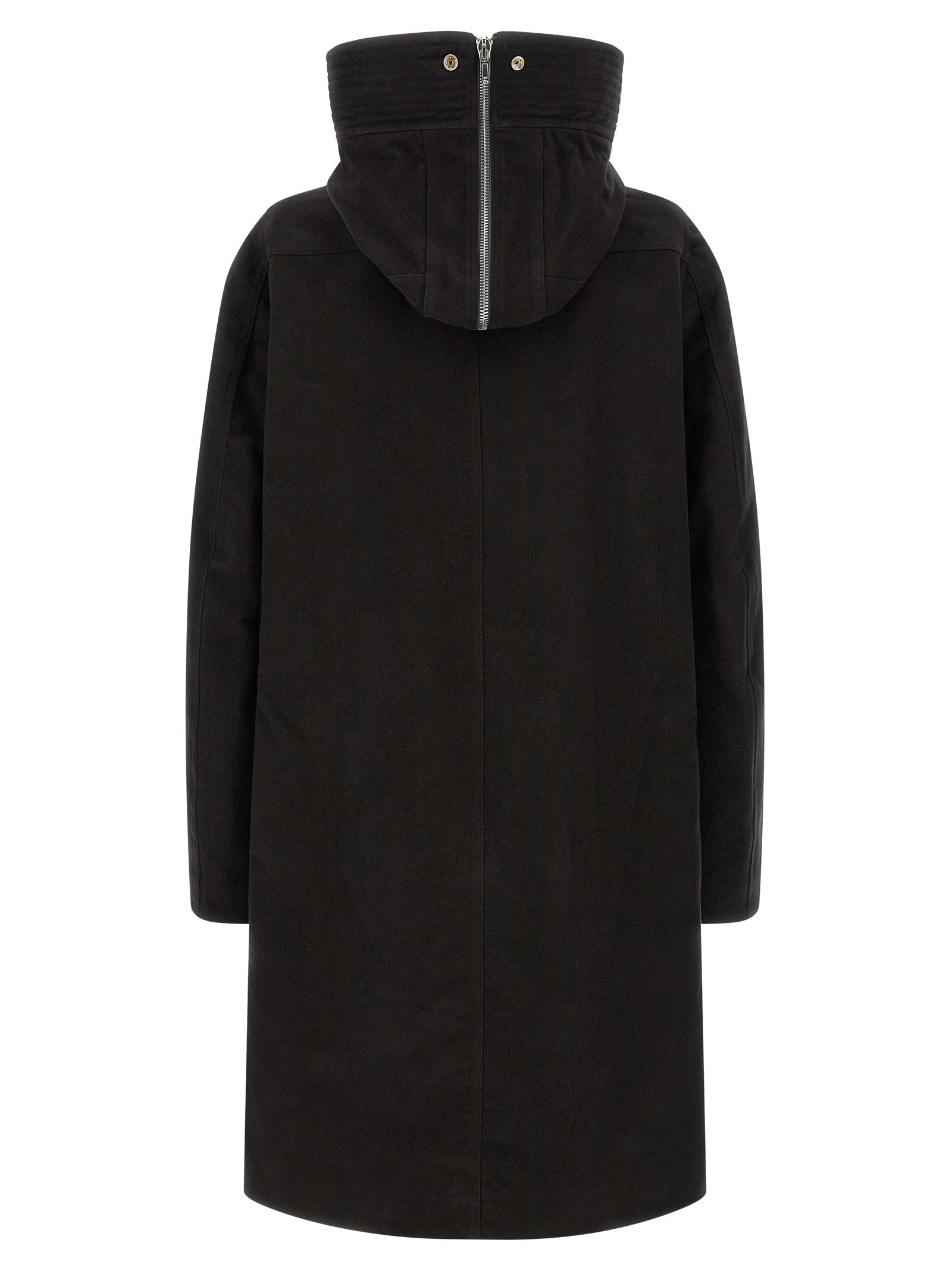 Hooded Parka by Rick Owens for men in cotton black features an avant garde silhouette, showcasing refined pockets & hooded and a sophisticated hooded neckline for a polished look.
