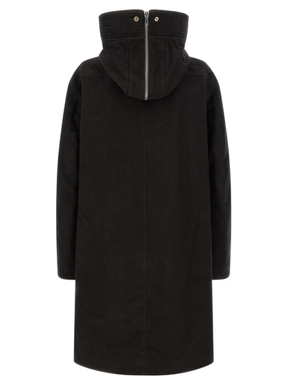 Hooded Parka by Rick Owens for men in cotton black features an avant garde silhouette, showcasing refined pockets & hooded and a sophisticated hooded neckline for a polished look.