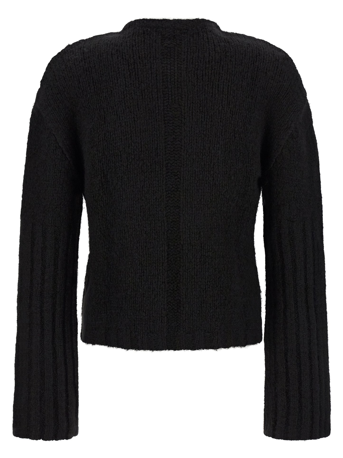Cardigan by Rick Owens for men in cashmere silk black presents a textural silhouette, artfully finished with a textural crew neckline and for a sophisticated, textural look.