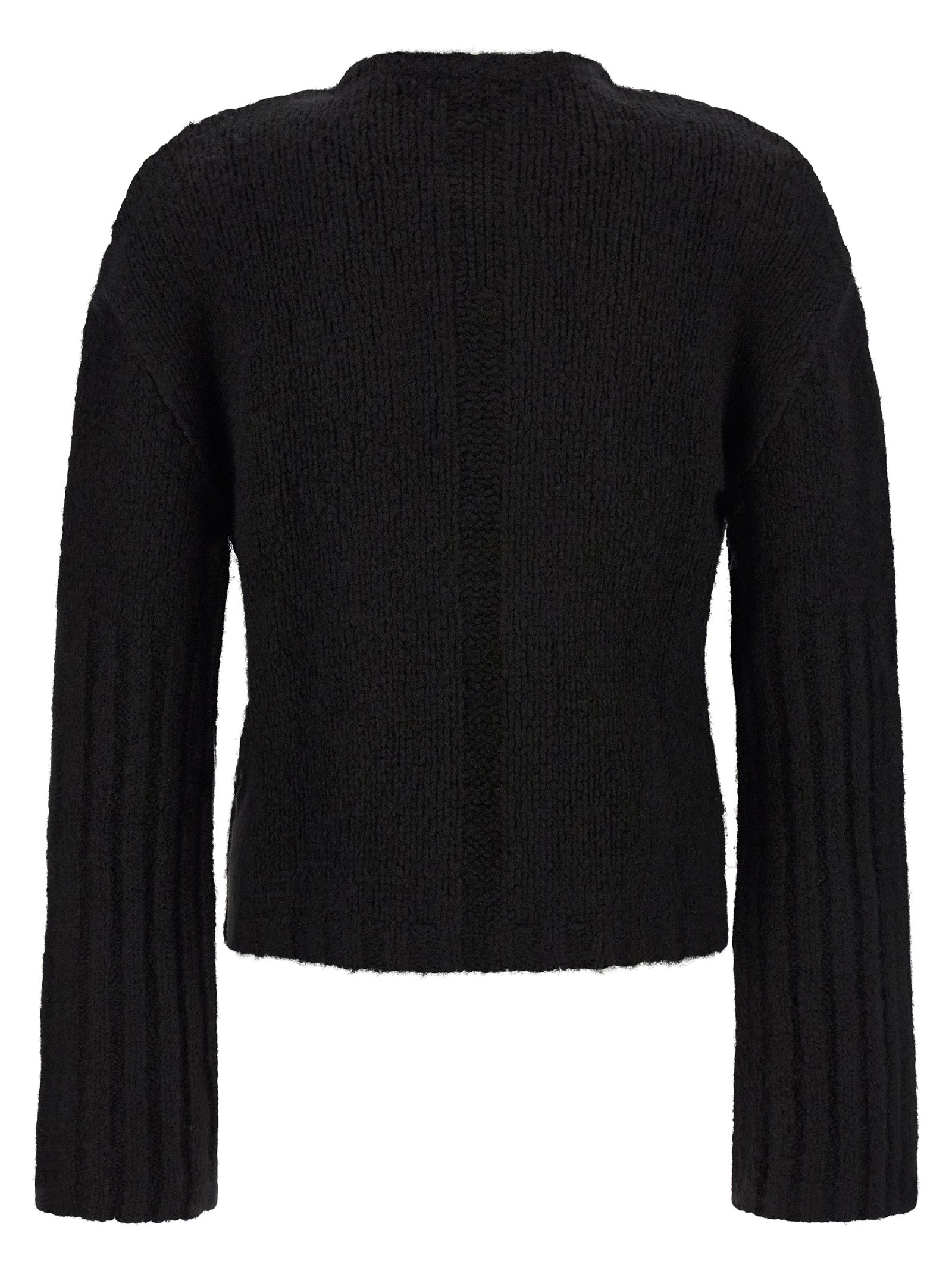 Cardigan by Rick Owens for men in cashmere silk black presents a textural silhouette, artfully finished with a textural crew neckline and for a sophisticated, textural look.