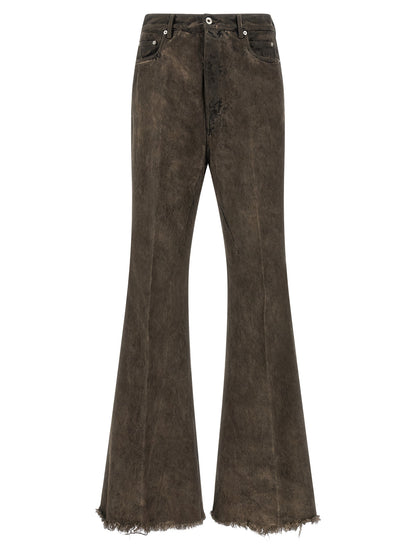 Jeans by Rick Owens for men in denim cotton gray & silver features an refined tailoring silhouette, showcasing a premium flared & bootcut with a high rise and long cut for a refined tailoring look.