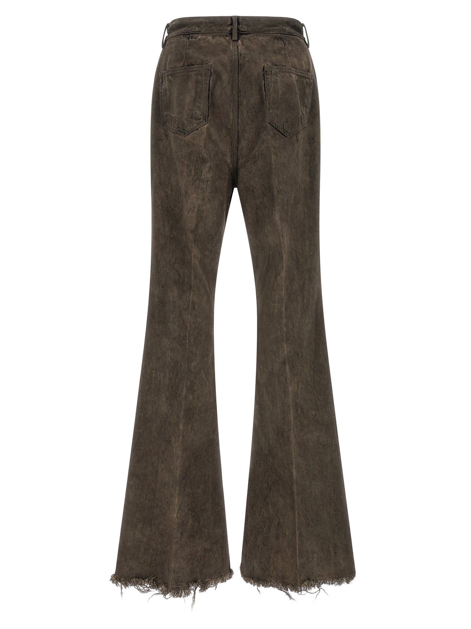 Jeans by Rick Owens for men in denim cotton gray & silver presents a refined pantology silhouette, artfully defined by a refined pantology flared & bootcut, long, and a sophisticated high rise.