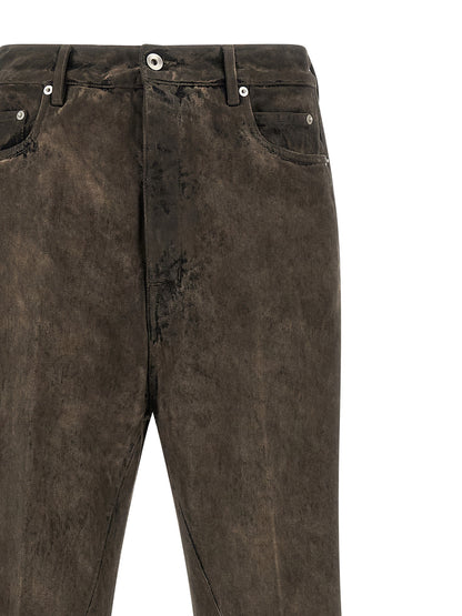 Jeans by Rick Owens for men in denim cotton gray & silver features an sophisticated high rise and flared & bootcut with a precise long, creating a sophisticated and sophisticated silhouette.
