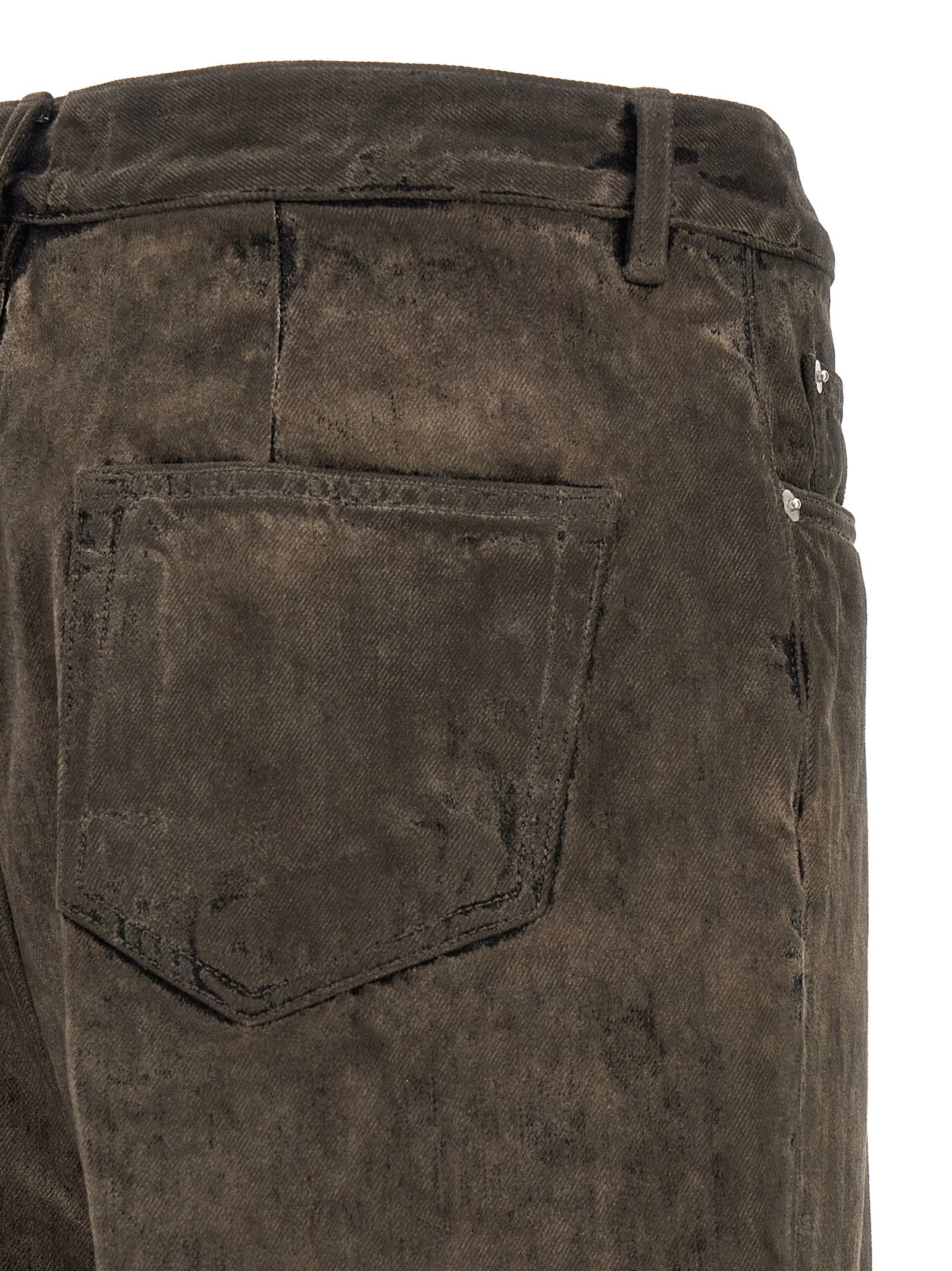 Jeans by Rick Owens for men in denim cotton gray & silver features an sartorial flared & bootcut and long with a high rise cut for a sartorial finish.