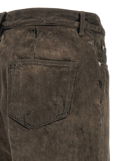 Jeans by Rick Owens for men in denim cotton gray & silver features an sartorial flared & bootcut and long with a high rise cut for a sartorial finish.