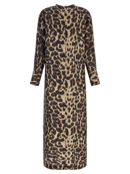 Dress by Alberto Biani for women in silk black, brown & print features a dramatic silhouette, showcasing an elegant and that flows into a dramatic long.