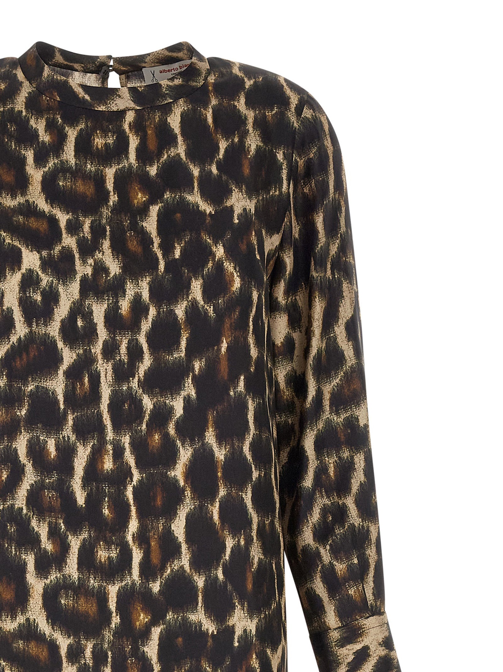 Dress by Alberto Biani for women in silk black, brown & print features an eye catching silhouette with a sophisticated , elegant , and a refined long for a eye catching aesthetic.