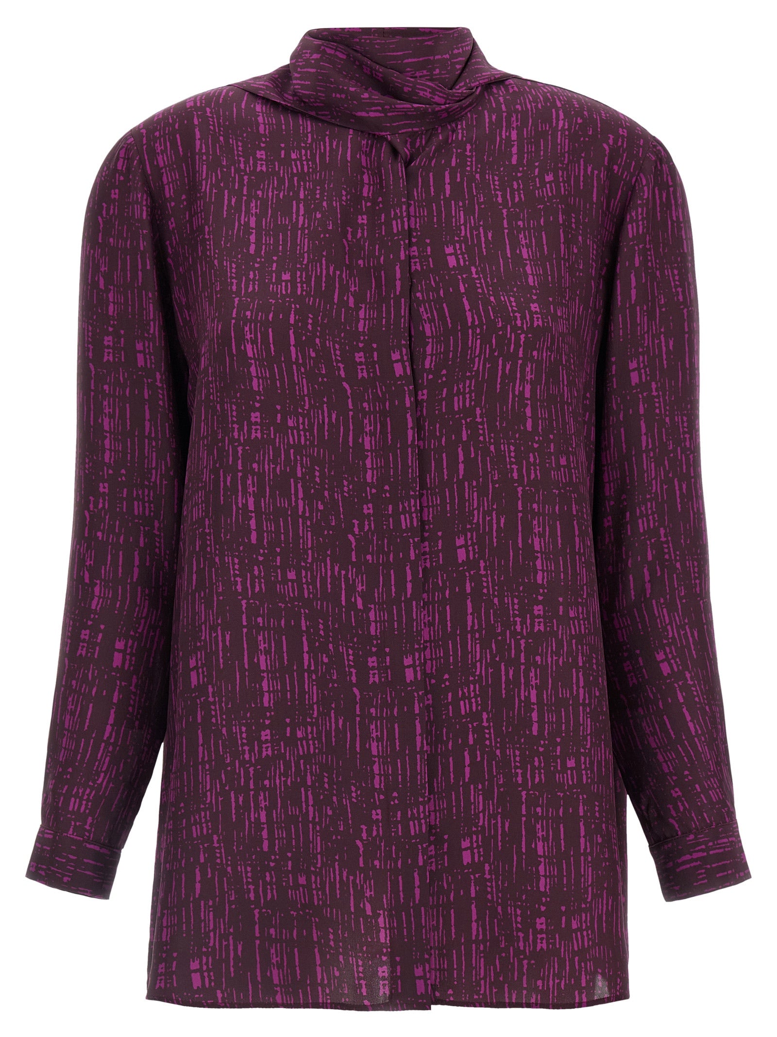 Blouse by Gianluca Capannolo for women in silk magenta, plum, purple & print showcases a sharp silhouette, elegantly detailed with a sharp and sharp long-sleeve.