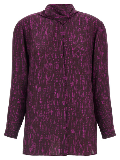 Blouse by Gianluca Capannolo for women in silk magenta, plum, purple & print showcases a sharp silhouette, elegantly detailed with a sharp and sharp long-sleeve.