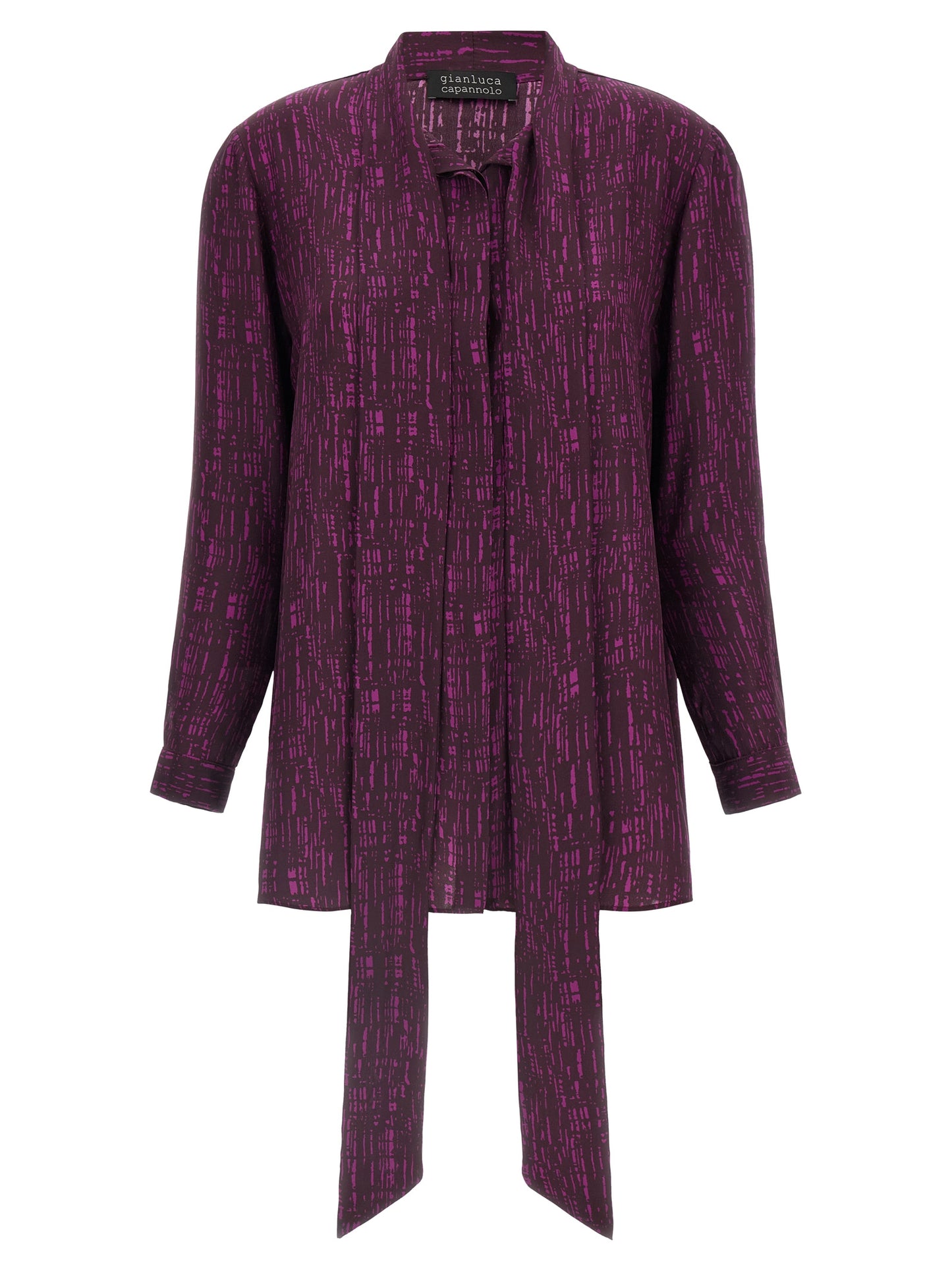 Blouse by Gianluca Capannolo for women in silk magenta, plum, purple & print features an architectural silhouette with a refined and elegant for a architectural look.