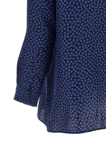 Blouse by Gianluca Capannolo for women in silk blue & print showcases a sharp silhouette, elegantly detailed with a sharp and sharp .