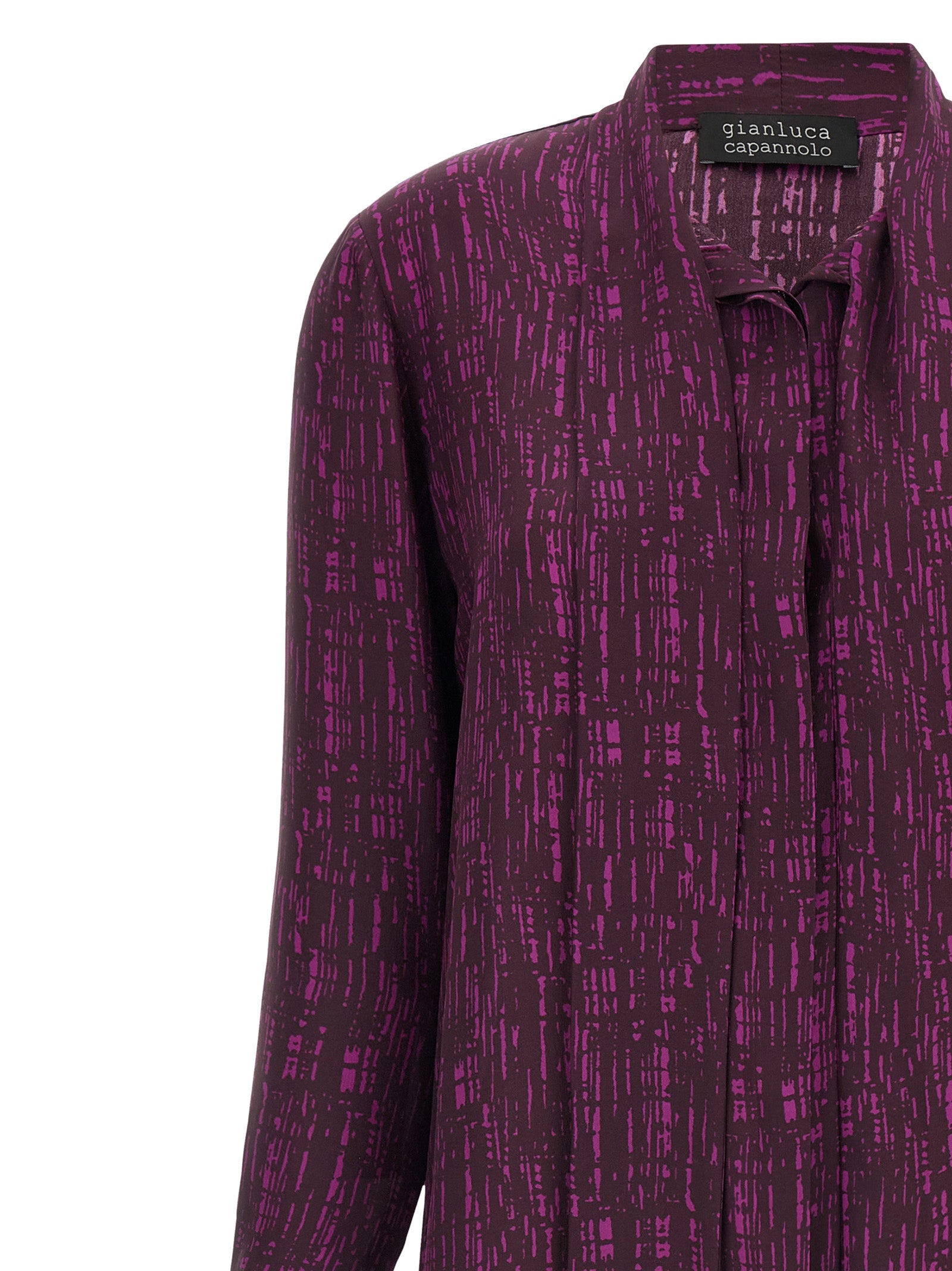 Blouse by Gianluca Capannolo for women in silk magenta, plum, purple & print showcases a sleek silhouette, elegantly detailed with a sleek and for a sleek finish.