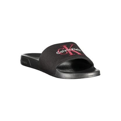 Slider Sandals by Calvin Klein for men in polyester polyurethane cotton black presents a sculptural silhouette, showcasing the Men's Polyester Polyurethane Cotton Slider Sandals design with a sculptural and for a premium look.