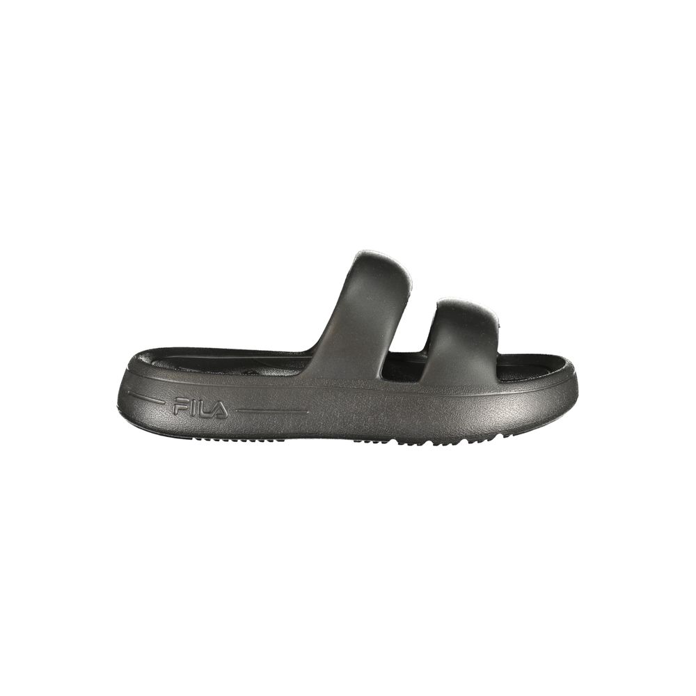 Flat Slider Sandals by Fila for women in polyurethane black & print presents a sculptural silhouette, showcasing the Women's Polyurethane Flat Slider Sandals design with a sculptural flat and for a premium look.