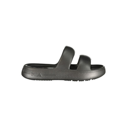 Flat Slider Sandals by Fila for women in polyurethane black & print presents a sculptural silhouette, showcasing the Women's Polyurethane Flat Slider Sandals design with a sculptural flat and for a premium look.