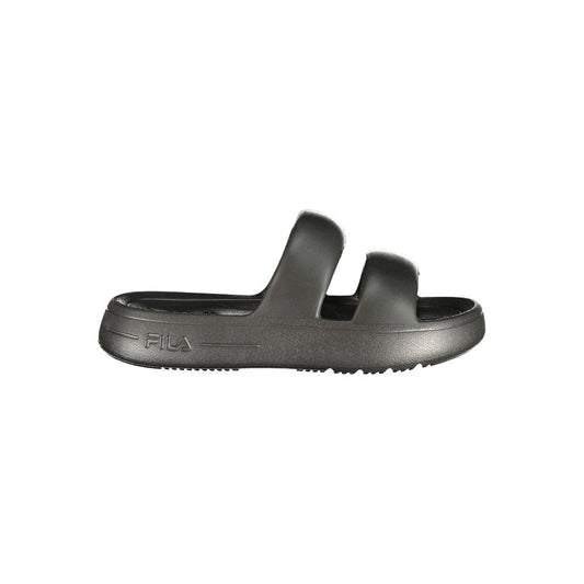 Flat Slider Sandals by Fila for women in polyurethane black & print presents a sculptural silhouette, showcasing the Women's Polyurethane Flat Slider Sandals design with a sculptural flat and for a premium look.