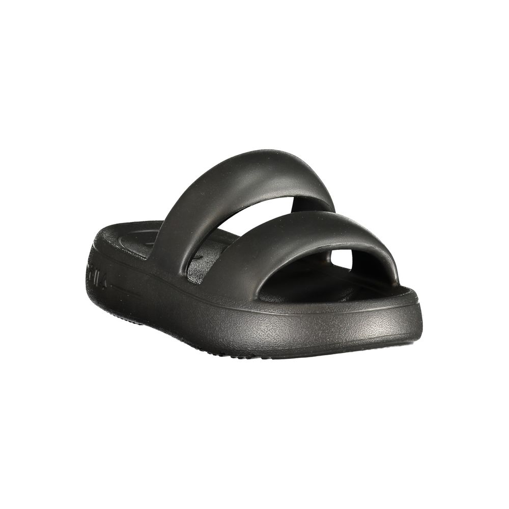 Flat Slider Sandals by Fila for women in polyurethane black & print features an architectural silhouette, showcasing the architectural Women's Polyurethane Flat Slider Sandals with a flat and .