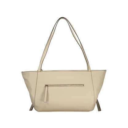 Handbag by Guess Jeans for women in polyurethane beige features a signature silhouette, showcasing a secure zipper and signature built-in-compartments & external-pockets with versatile handle for a sophisticated look.