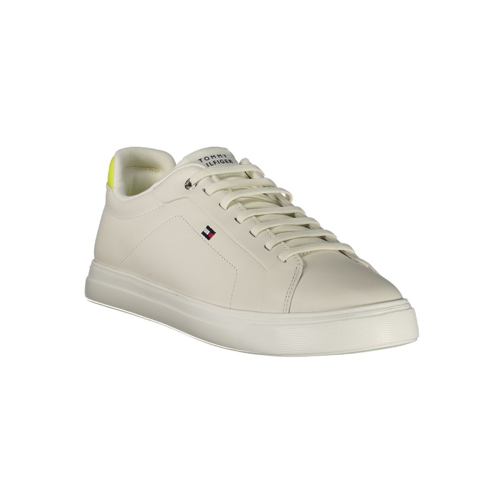 Athletic Sneakers by Tommy Hilfiger for men in polyester polyurethane leather white & yellow presents a sleek silhouette, perfectly capturing the athletic style essence of Men's Athletic Polyester Polyurethane Leather Sneakers with its sleek design and premium finish.