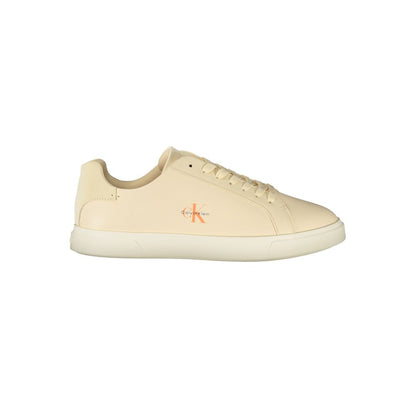 Athletic Sneakers by Calvin Klein for women in polyester polyurethane leather beige & print showcases a architectural silhouette, artfully capturing the essence of the Women's Athletic Polyester Polyurethane Leather Sneakers with its signature architectural athletic style construction.