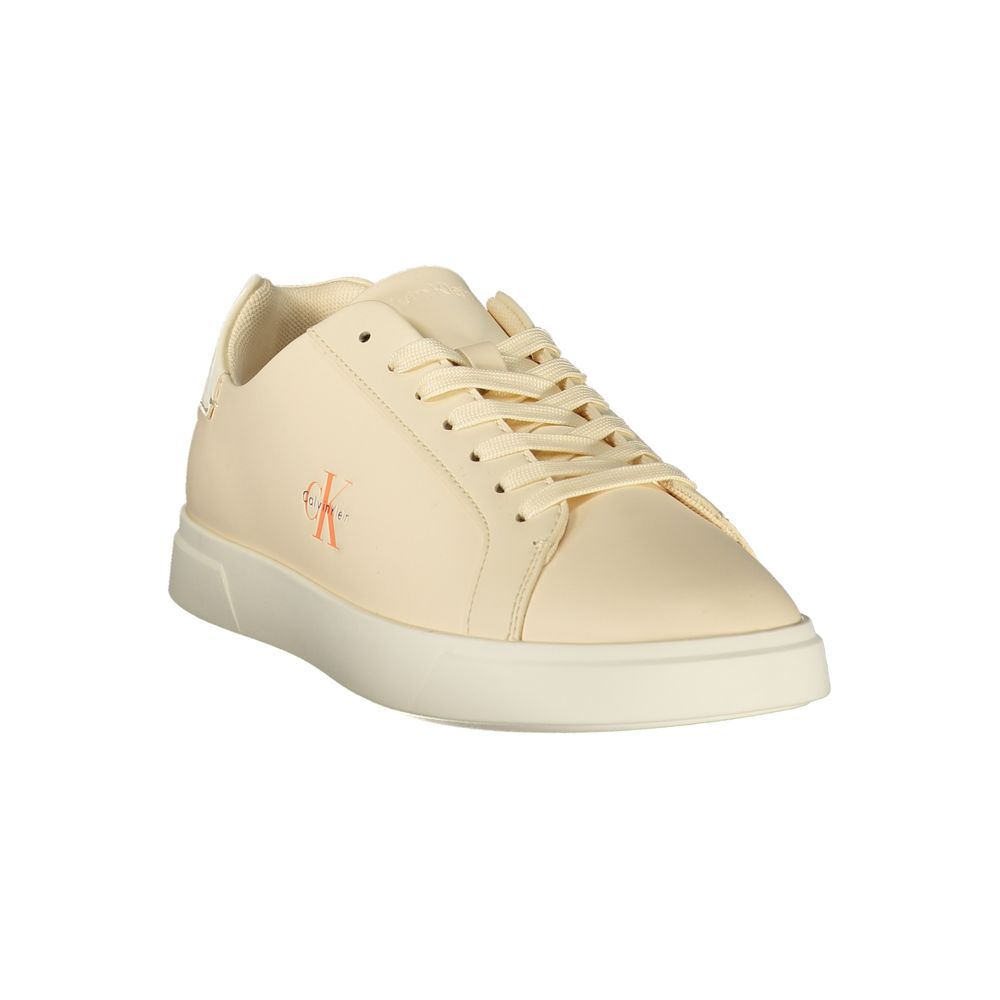 Athletic Sneakers by Calvin Klein for women in polyester polyurethane leather beige & print showcases a architectural silhouette, artfully capturing the essence of the Women's Athletic Polyester Polyurethane Leather Sneakers with its signature architectural athletic style construction.
