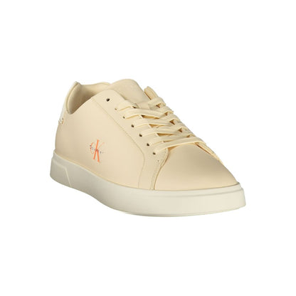 Athletic Sneakers by Calvin Klein for women in polyester polyurethane leather beige & print showcases a architectural silhouette, artfully capturing the essence of the Women's Athletic Polyester Polyurethane Leather Sneakers with its signature architectural athletic style construction.