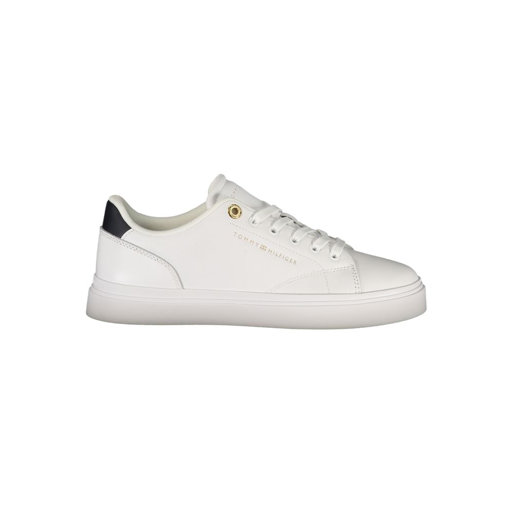 Athletic Sneakers by Tommy Hilfiger for women in polyester polyurethane leather blue, white & signature features an stately silhouette, showcasing the signature athletic style of the Women's Athletic Polyester Polyurethane Leather Sneakers collection with a truly stately finish.