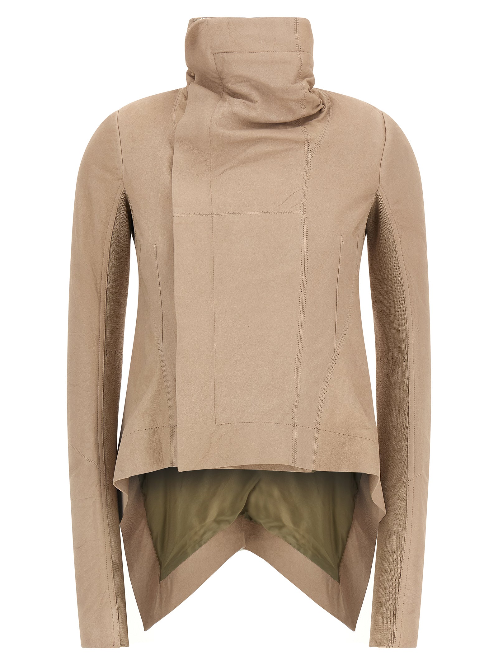 Jacket by Rick Owens for women in lamb leather beige presents a impeccable silhouette, showcasing distinct and a impeccable high-neck neckline for a sophisticated finish.