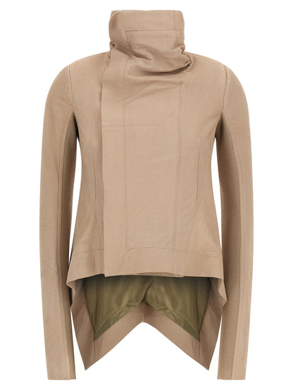 Jacket by Rick Owens for women in lamb leather beige presents a impeccable silhouette, showcasing distinct and a impeccable high-neck neckline for a sophisticated finish.
