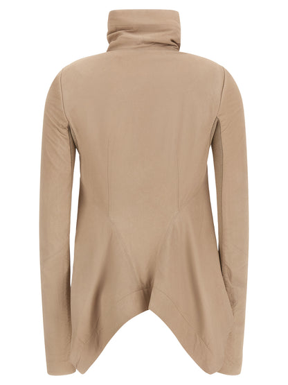 Jacket by Rick Owens for women in lamb leather beige features a smart silhouette, perfectly accentuated by its unique high-neck neckline and functional for a smart finish.