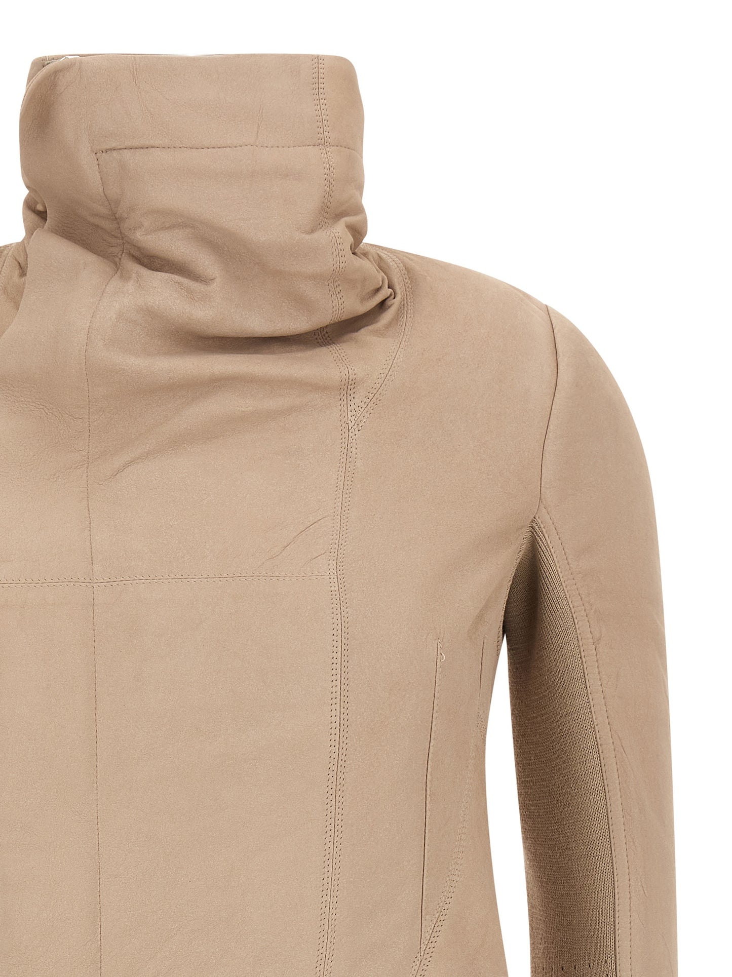 This Jacket by Rick Owens for women in lamb leather beige showcases a magnificent silhouette, meticulously crafted with a distinctive high-neck neckline and functional for a magnificent finish.