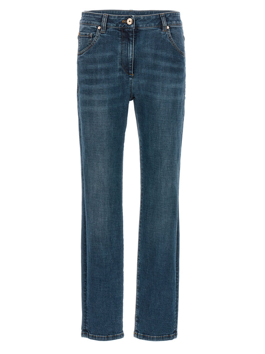 Jeans by Brunello Cucinelli for women in stretch denim cotton blue & signature features a refined silhouette with a refined straight-leg, defined by a and a refined long for a refined finish.