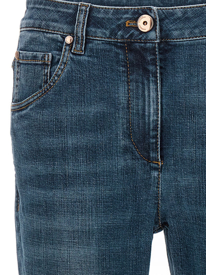 Jeans by Brunello Cucinelli for women in stretch denim cotton blue & signature presents a refined pantology silhouette, artfully defined by a refined pantology straight-leg, long, and a sophisticated .